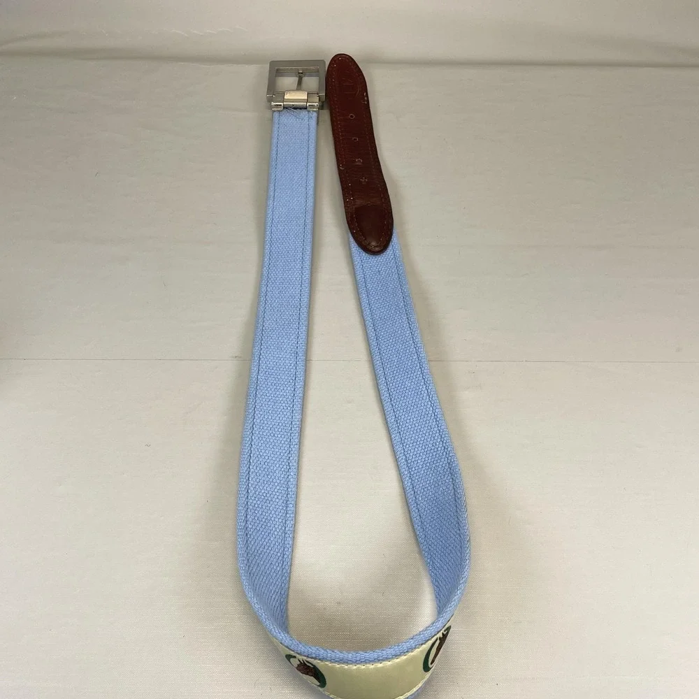 YRI Belt Mens Light Blue Horse Ribbon Canvas Leather Buckle Equestrian